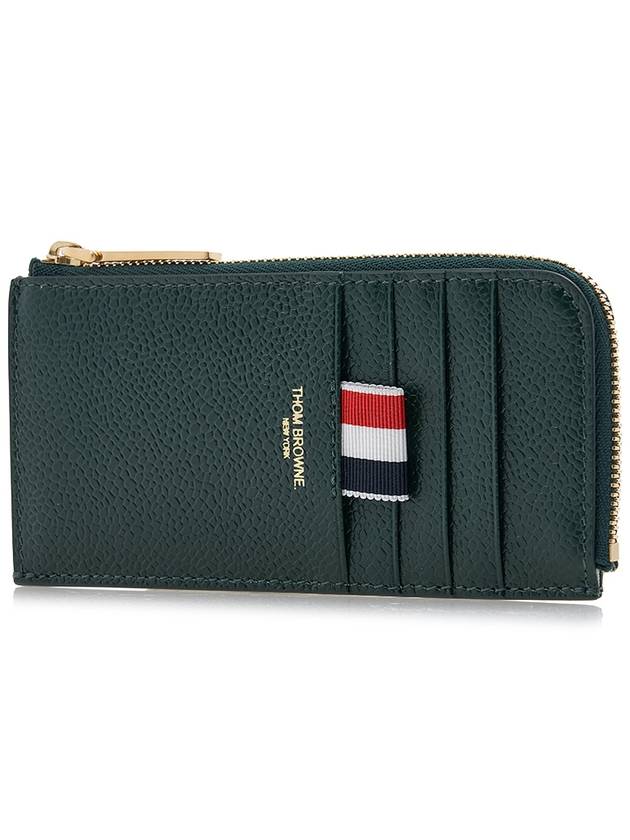 Stripe Zip Around Pebble Grain Leather Card Wallet Dark Green - THOM BROWNE - BALAAN 3