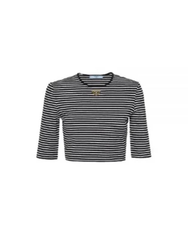 Triangular Logo Striped Cotton Short Sleeve T-shirt Black - PRADA - BALAAN 2