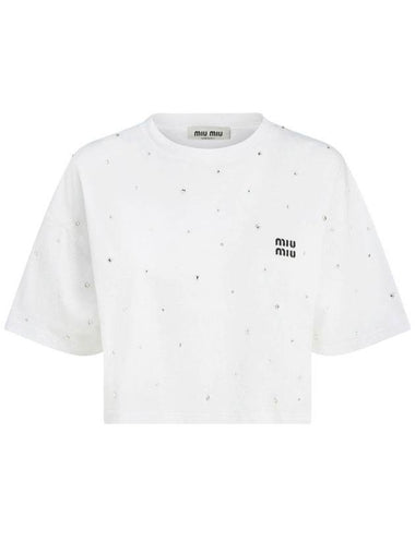 Embroidered Logo Crop Cotton Short Sleeved T-shirt White - MIU MIU - BALAAN 1