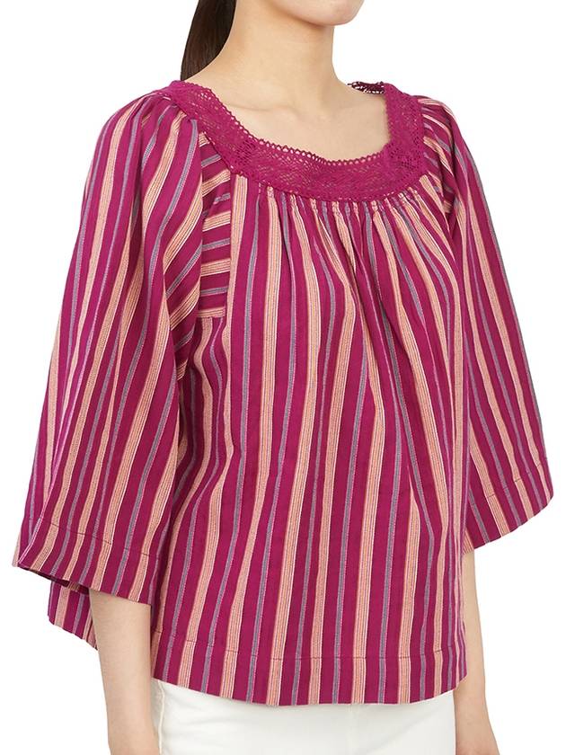 Women's Lace Collar Striped Cotton Blouse Pink - VANESSA BRUNO - BALAAN 4