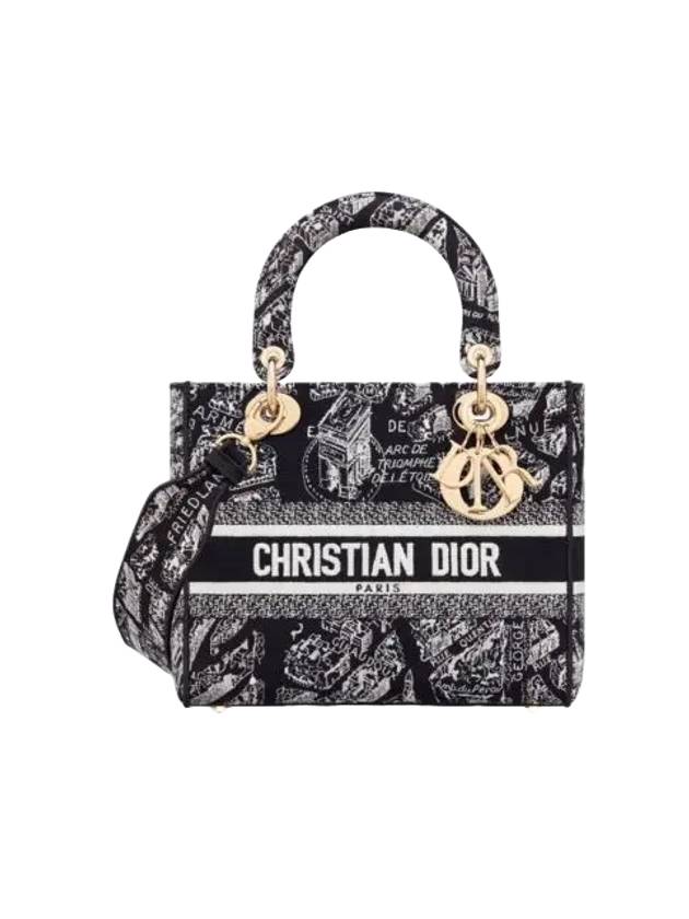 Lady D Lite Plan De Paris Embroidery Medium Tote Bag Black - DIOR - BALAAN 1