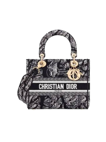 Lady D Lite Plan De Paris Embroidery Medium Tote Bag Black - DIOR - BALAAN 1