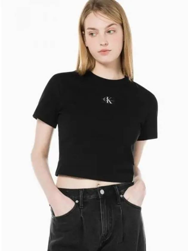 JEANS Women s Black Logo Badge Cropped Short Sleeve T Shirt J221595 BEH - CALVIN KLEIN - BALAAN 1