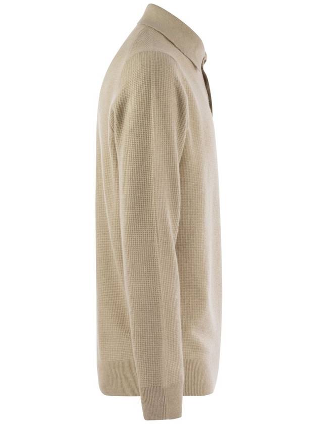 Waffle stitch cashmere knit polo shirt with long sleeve - BRUNELLO CUCINELLI - BALAAN 3