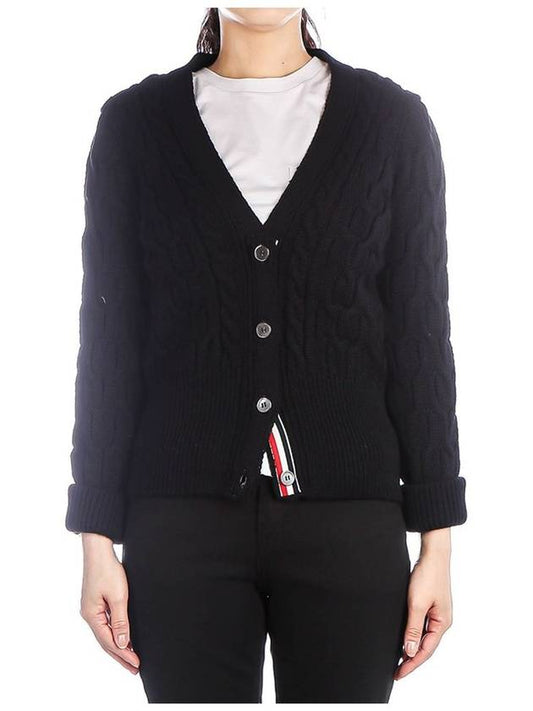 Merino Wool Crisscross Cable Stitch 3/4 Sleeve V-Neck Cardigan Navy - THOM BROWNE - BALAAN 2