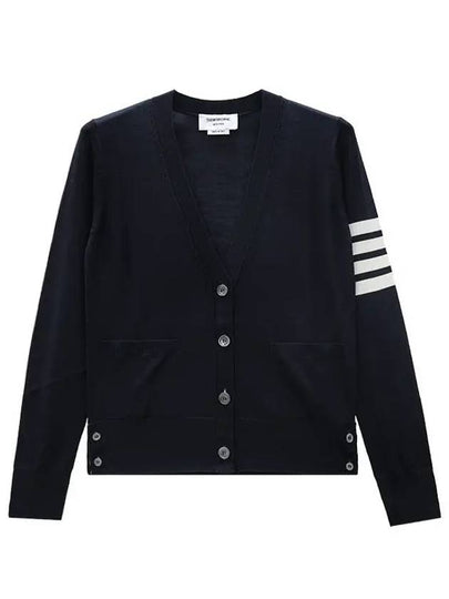 Sustainable Fine Merino Wool 4-Bar Relaxed Fit V-Neck Cardigan Navy - THOM BROWNE - BALAAN 2