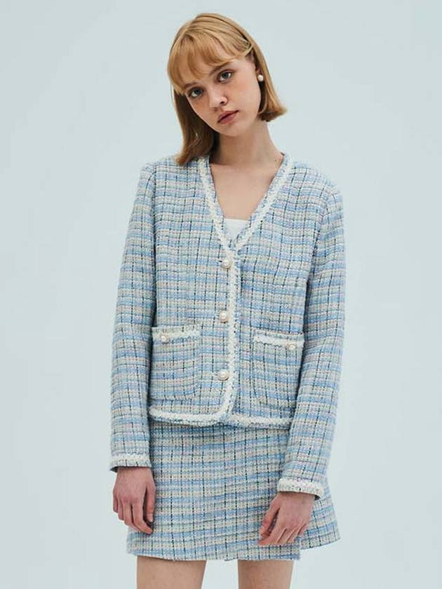 V Neck Check Tweed Jacket Blue - OPENING SUNSHINE - BALAAN 3