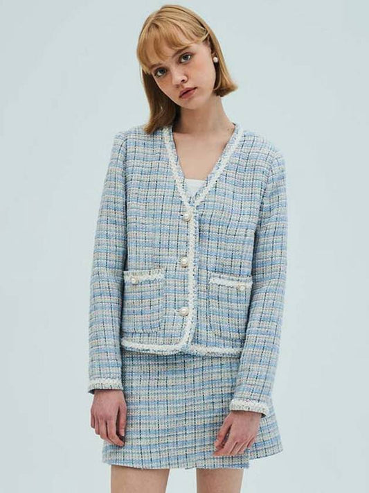 V Neck Check Tweed Jacket Blue - OPENING SUNSHINE - BALAAN 2