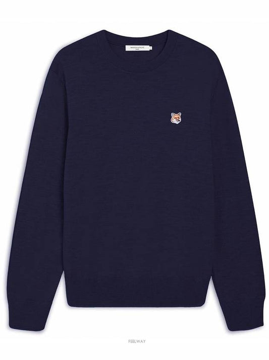 Fox Head Patch Regular Round Neck Pullover Knit Top Navy - MAISON KITSUNE - BALAAN 2