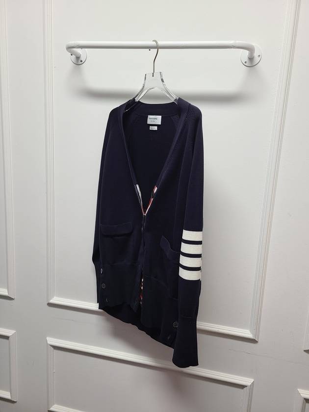 Navy diagonal cotton sleeve V neck cardigan 38 - THOM BROWNE - BALAAN 3