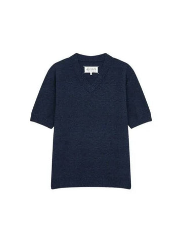 Women s Short Sleeve V Neck Boucle Knit Navy - MAISON MARGIELA - BALAAN 1