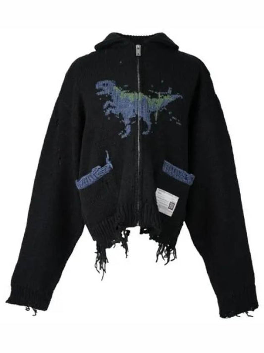 A13CD501 BLACK Dinosaur Intarsia Distressed Cardigan - MIHARA YASUHIRO - BALAAN 1