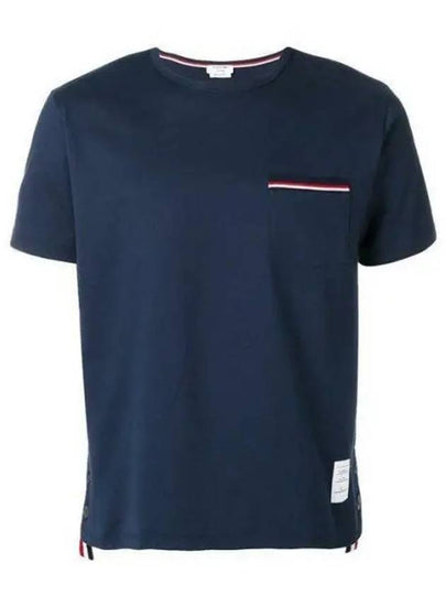 Men's Medium Weight Jersey Tipped Pocket Crewneck Short Short Sleeve T-Shirt Navy - THOM BROWNE - BALAAN 2