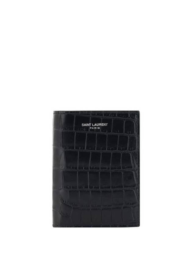 Credit Crocodile Embossed Leather Card Wallet Black - SAINT LAURENT - BALAAN 1