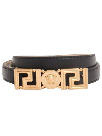 Greca gold buckle leather belt black - VERSACE - BALAAN.