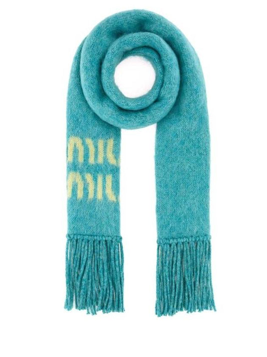 Logo Mohair Fringe Muffler Light Blue - MIU MIU - BALAAN 1