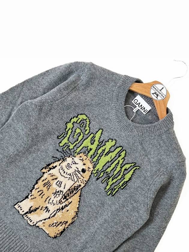 Graphic Wool Mix Bunny Crewneck Knit Top Grey - GANNI - BALAAN 4