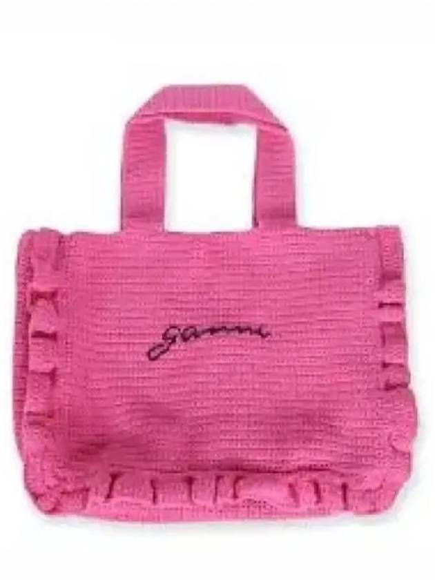 Women's Crochet Ruffle Embroidered Logo Cotton Tote Bag Shocking Pink - GANNI - BALAAN 2