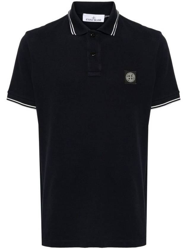 Stretch Cotton Pique Short Sleeve Polo Shirt Navy - STONE ISLAND - BALAAN 1