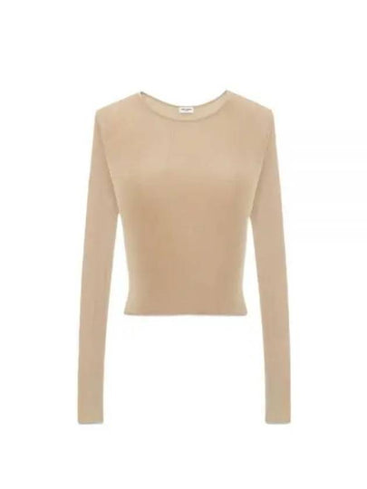 Rib Detail Viscose Crop Long Sleeve T-Shirt Beige - SAINT LAURENT - BALAAN 2