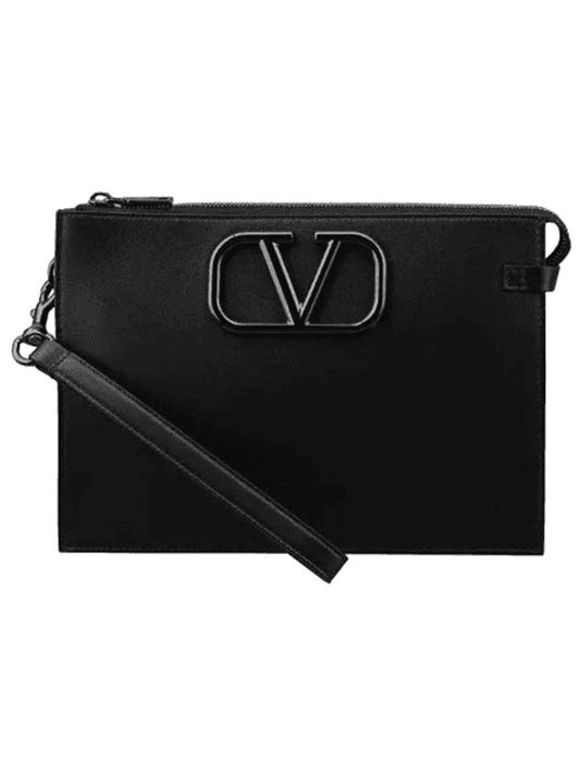 V logo signature calfskin clutch bag black - VALENTINO - BALAAN 1