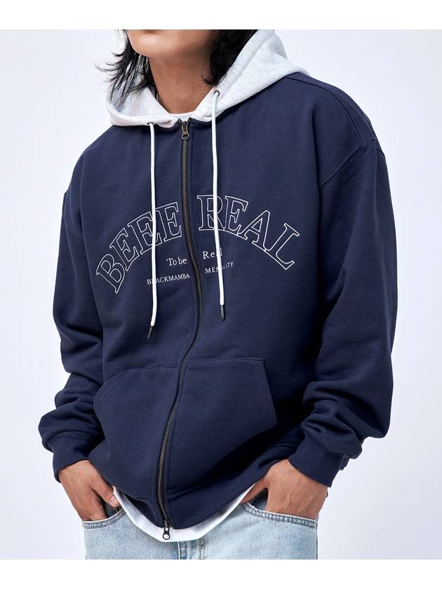 Beee Real Color Combination Zip-Up Hoodie Navy - BLACKMAMBA - BALAAN 3