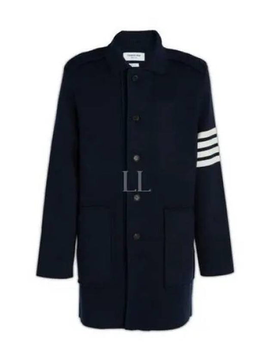 Cotton Cashmere Interlock 4-Bar Polo Collar Overcoat Navy - THOM BROWNE - BALAAN 2
