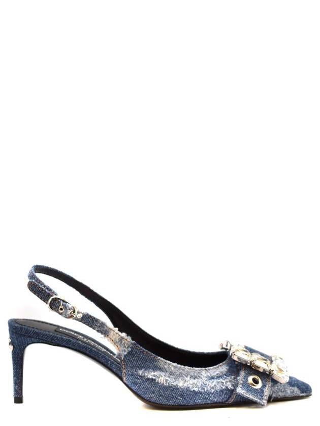 Rhinestone Buckle Patchwork Denim Slingback Heel Blue - DOLCE&GABBANA - BALAAN 2