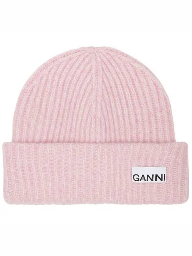 Logo Patch Knit Beanie Pink - GANNI - BALAAN 2