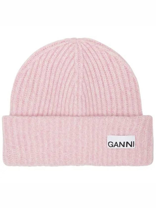 Logo Patch Knit Beanie Pink - GANNI - BALAAN 2