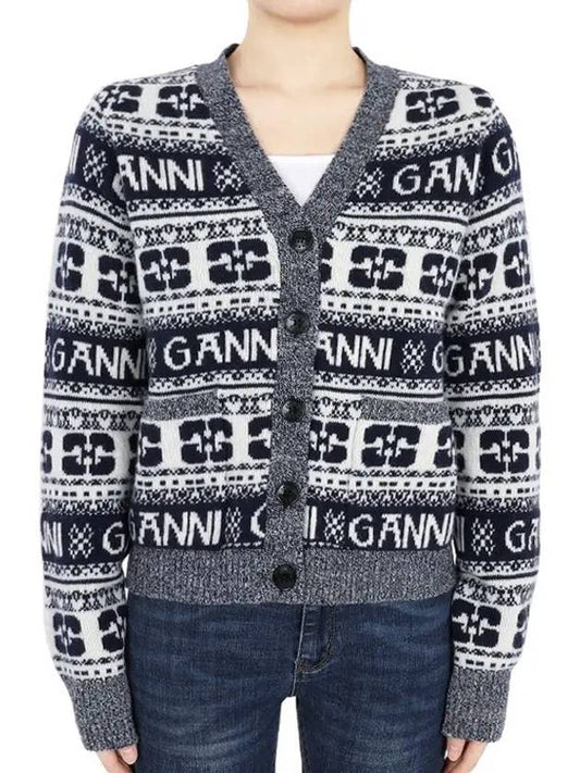 logo wool mix jacquard cardigan blue - GANNI - BALAAN 2