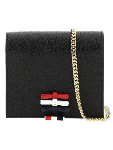 Pebble Grain Leather Bow Detail Chain Strap Card Wallet Black - THOM BROWNE - BALAAN 1