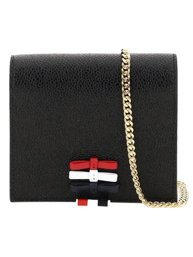 Pebble Grain Leather Bow Detail Chain Strap Card Wallet Black - THOM BROWNE - BALAAN 1