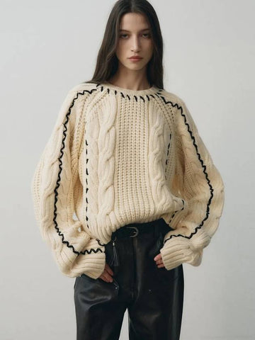 Handmade cable crop sweater ivory - NOIRER FOR WOMEN - BALAAN 1