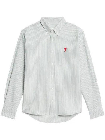 Embroidered Heart Logo Stripe Long Sleeve Shirt Green - AMI - BALAAN 1