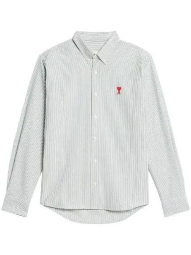 Embroidered Heart Logo Stripe Long Sleeve Shirt Green - AMI - BALAAN 1