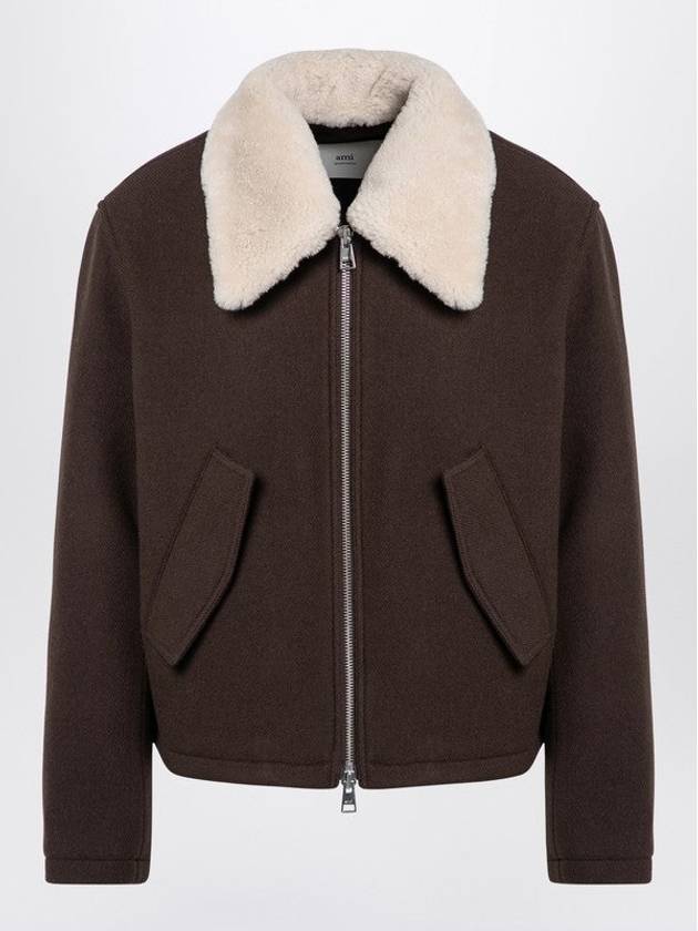 Shearling Collar Zip-Up Jacket Brown - AMI - BALAAN 2