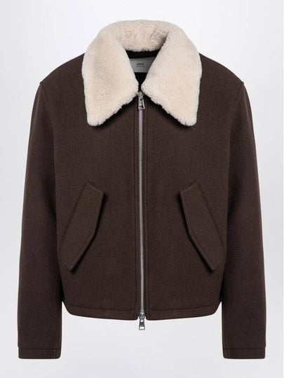 Shearling Collar Zip-Up Jacket Brown - AMI - BALAAN 2