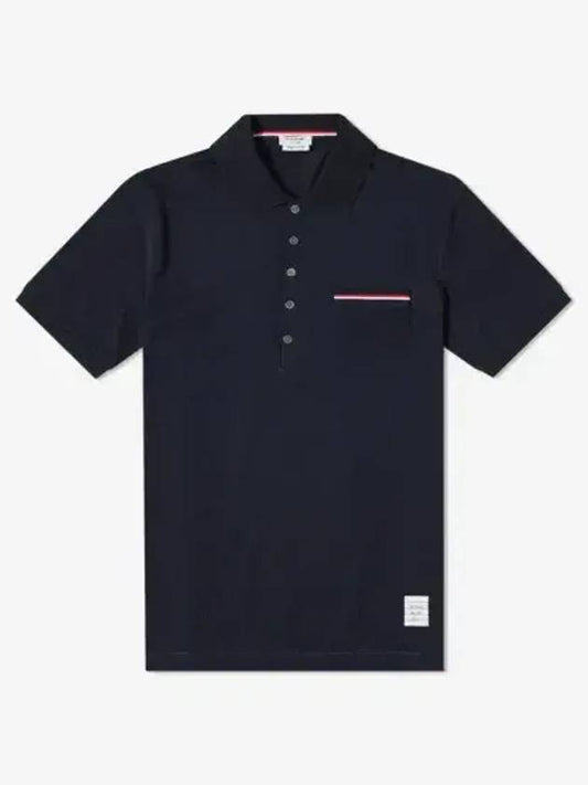 Men's Three Stripes Pocket Mercerized Short Sleeve Polo Shirt Navy - THOM BROWNE - BALAAN 2