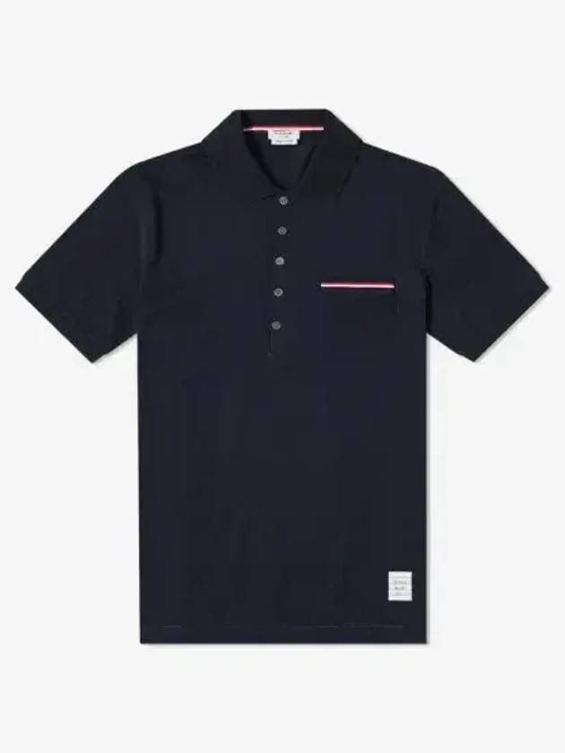 Men's Three Stripes Pocket Mercerized Short Sleeve Polo Shirt Navy - THOM BROWNE - BALAAN 3