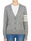 Sustainable Fine Merino Wool 4-Bar Relaxed Fit V-Neck Cardigan Light Grey - THOM BROWNE - BALAAN 3