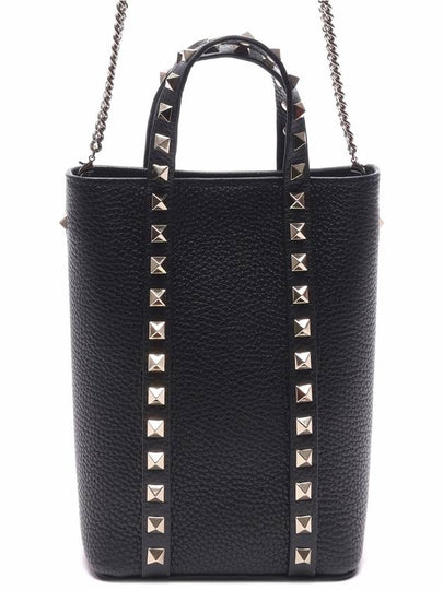 Rockstud Logo Chain Top Handle Tote Bag Black - VALENTINO - BALAAN 2