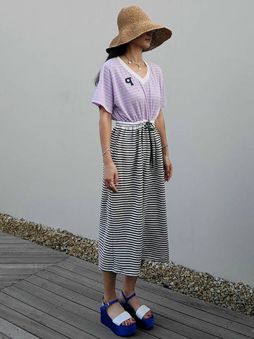 e Women's Lilac Striped Jersey Long Dress Lilac Purple - PRETONE - BALAAN 1