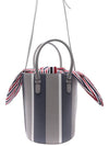 Women's Stripe Pebble Grain Bucket Bag Medium Grey - THOM BROWNE - BALAAN 5