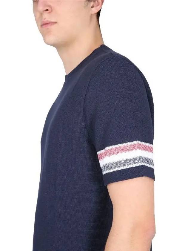 Textured Cotton Stripe Short Sleeve T-Shirt Navy - THOM BROWNE - BALAAN 3