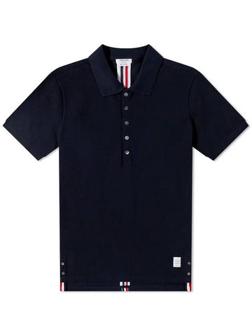 Men's Cotton Pique Center Bag Striped Short Sleeve Polo Shirt Navy - THOM BROWNE - BALAAN 1