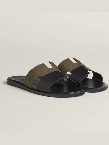 Izmir Men's Sandals Slippers Calfskin Khaki Mix Black - HERMES - BALAAN 1