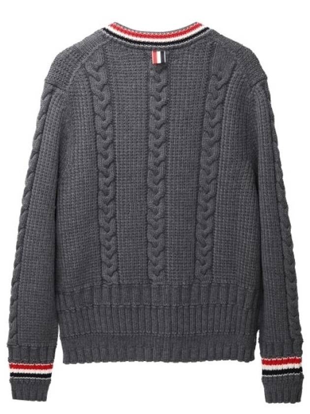 Cable Stripe Classic V-neck Merino Wool Cardigan Grey - THOM BROWNE - BALAAN 3