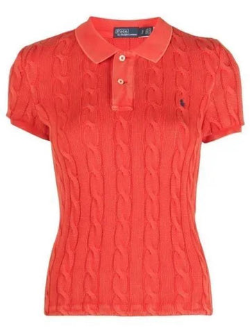 Slim Fit Cable Knit Polo Shirt Red - POLO RALPH LAUREN - BALAAN 1