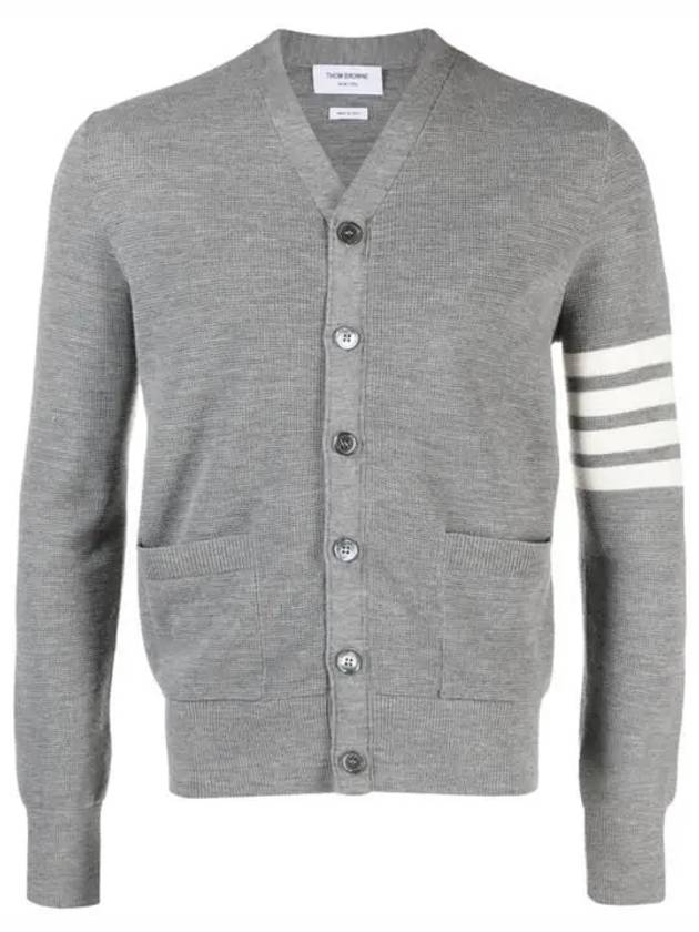 4-Bar Striped Waffle High V-Neck Cardigan Light Grey - THOM BROWNE - BALAAN 2